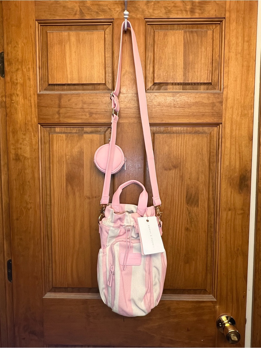 Poppy & Peonies Pink and White Striped Drawstring Crossbody Bag